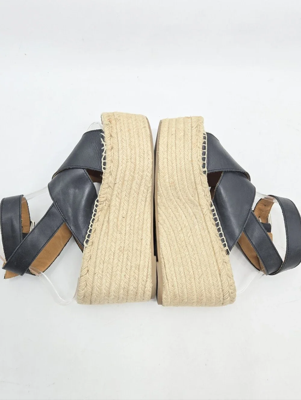 Alohas Black Leather Espadrille‎ Wedge Sandals with Ankle Strap